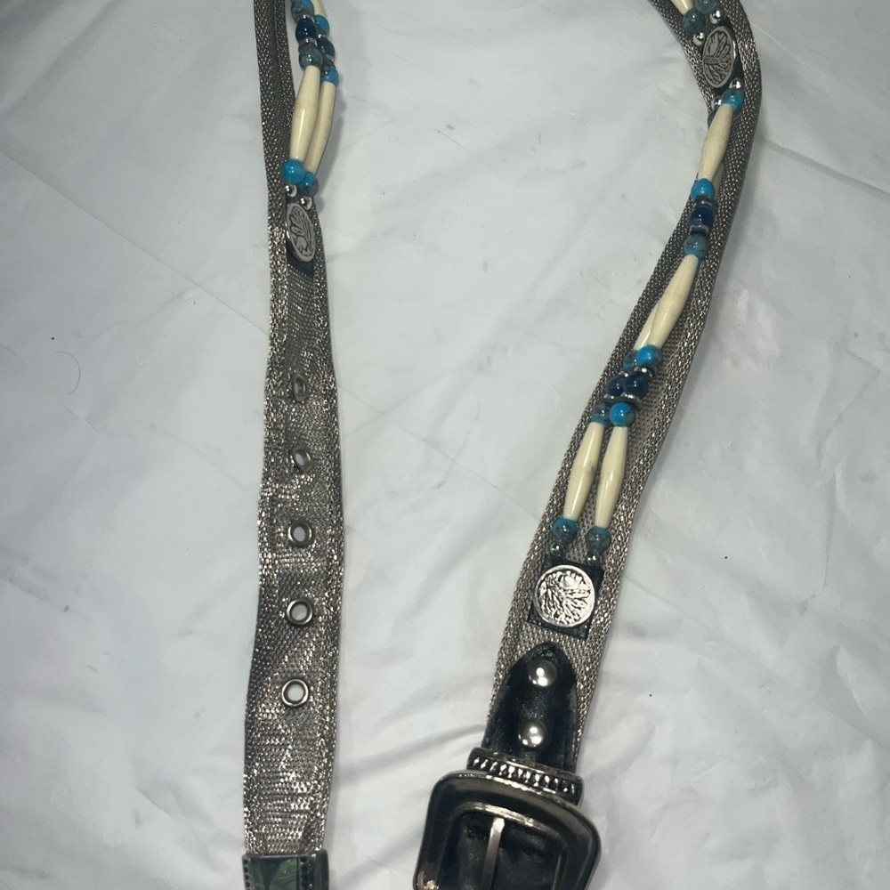 Vintage silver mesh belt embellished with beads motifs 80s native American style